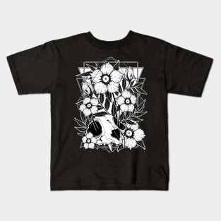 Cat skull and pretty flowers Kids T-Shirt